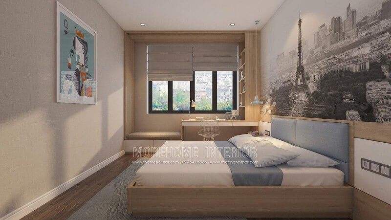 Bố trí nội thất phòng ngủ với ý tưởng tập trung vào công năng từ góc làm việc, học tập và giảm thiểu tối đa chi tiết không hữu hiệu như tivi và thay vào đó là tranh treo tường in canvas nghệ thuật đẹp mắt.