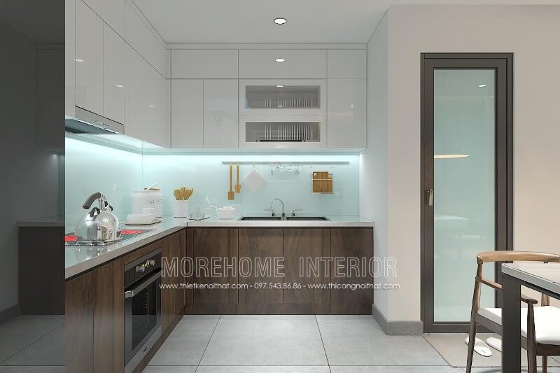 Kính ốp bếp có màu xanh ngọc mát mẻ giúp giảm đi nhiệt độ cao trong không gian nấu nướng.
